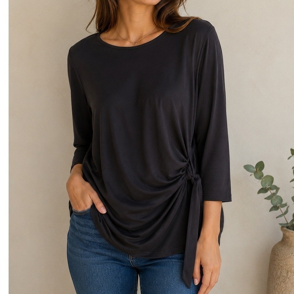 Avenue Black Liquid Knit Side Tie Knot 3/4 Sleeve Top Plus Size 18/20